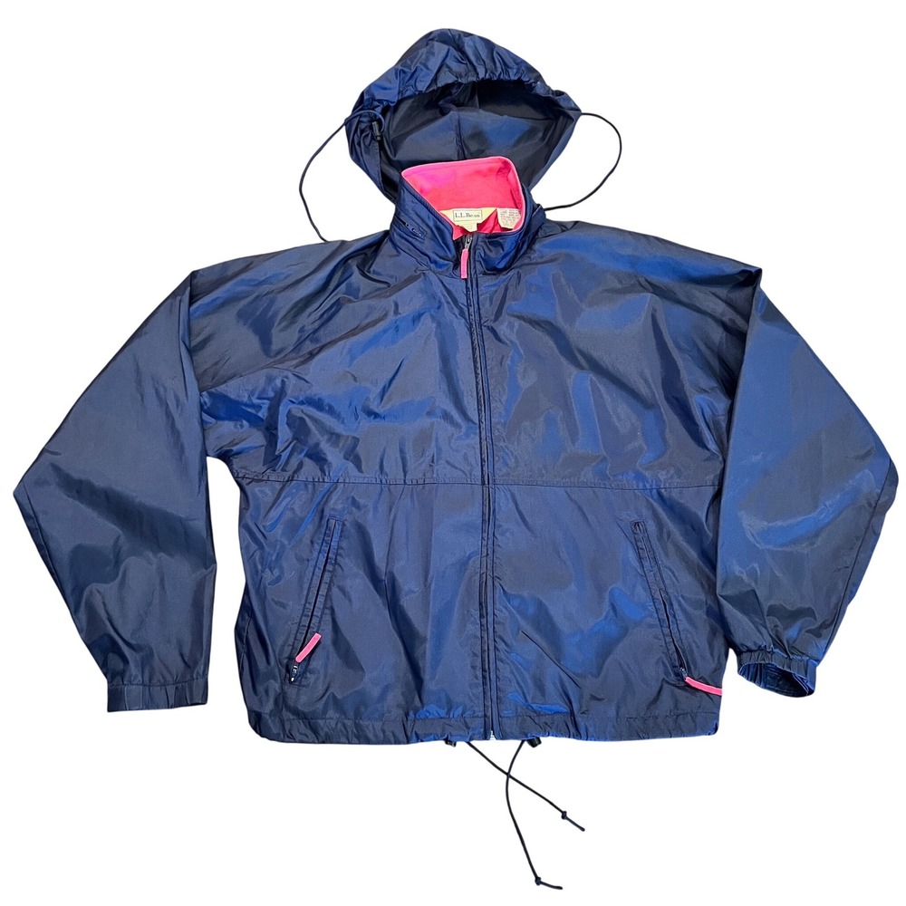 LL Bean Mens Navy Blue and Pink VTG Windbreaker Full Zip Large